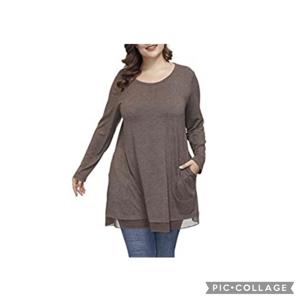Shiaili Brown/bark Long Tunic w hidden pockets & chiffon, 4X. EUC.